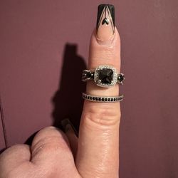 Silver Black & White Sapphire Bridal Ring Set