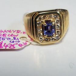 14k Yellow Diamond O.28ctw Purplish Blue Sapphire 0.21 Size 6.5 Ring