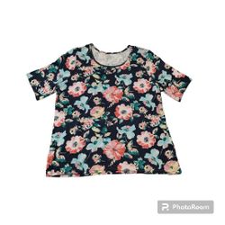 Time & Tru XXXL Tee Shirt NAVY Multi Color Floral Scoop Neck Soft Stretchy casual
