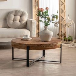 32” Modern Retro Splicing Round Coffee Table, Fir Wood Table Top with Black Cross Legs Base [NEW] **Assembly Req** 