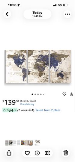 LARGE 30"x 19 1/2  3-Panel World Map Canvas Print