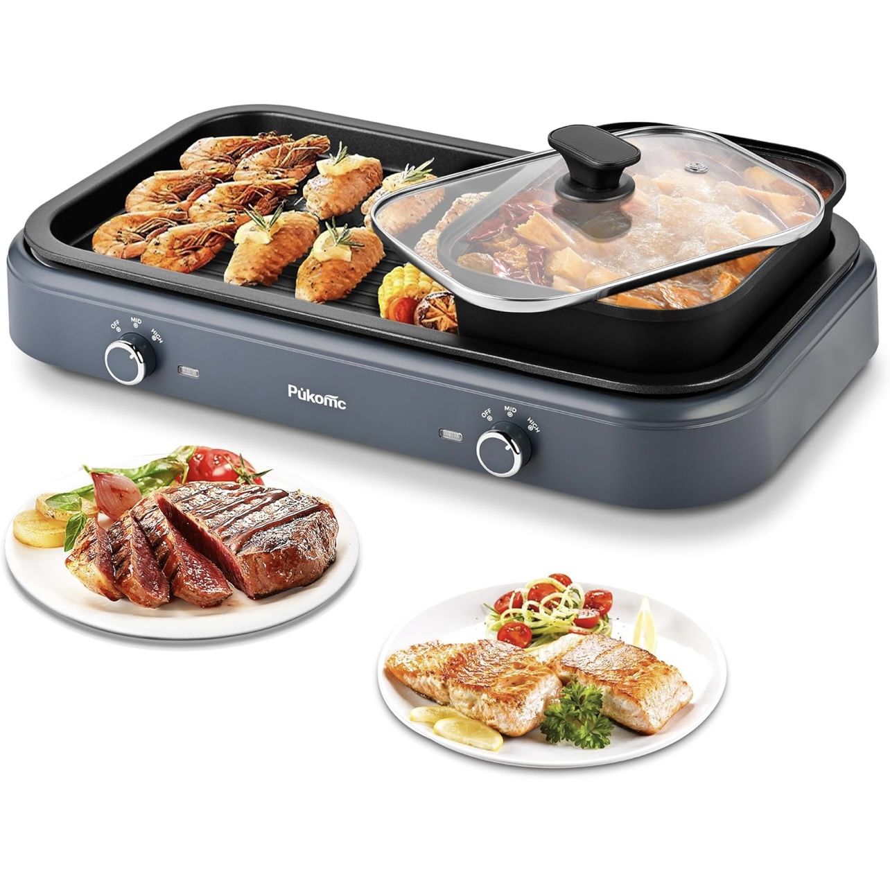 Pukomc Electric Hot Pot with Grill,2 in 1 Korean BBQ Grill Shabu Shabu Hot Pot