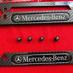 Mercedes-Ben Carbon Fiber Look License Plate Frames w/Hardware & Stem Caps