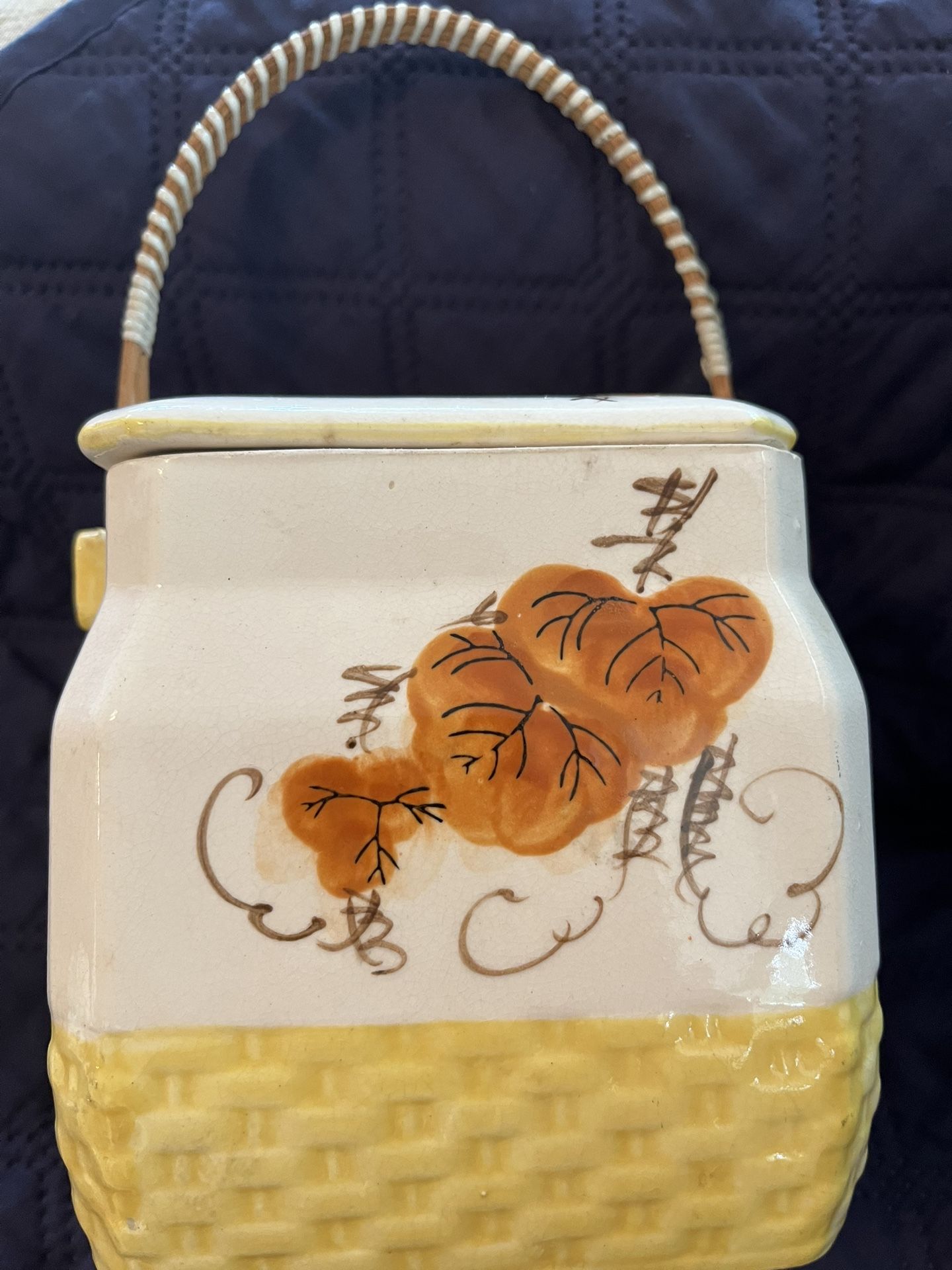 Vintage Ceramic Japanese Biscuit Box with bamboo handle - 5”x5”