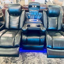 Power Reclining Sofa With Adjustable Headrest USB And LED 
