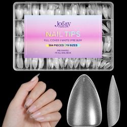 Short Almond Nail Tips 504Pcs, Jofay Fashion Pre-shaped & Etched Acrylic Fake Nails Full Cover Almond Clear Gel Nail Tips Full Matte False Nails Press