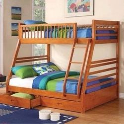 Brand New Rich Honey Twin/Full Bunk Bed with Storage Drawers