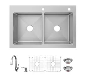 Glacier Bay Dolancourt Tight Radius 33 in. Drop-In 50/50 Double Bowl 18 Gauge Stainless Steel Kitchen Sink with Pull-Down Faucet@Pal-647