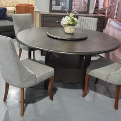 5 PIECE DINING TABLE SET WOOD BROWN GRAY FABRIC CHAIRS 53X53X30H