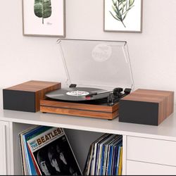 Wireless Vinyl Record Player w External Speakers, 3-Speed Belt-Drive - Walnut Red