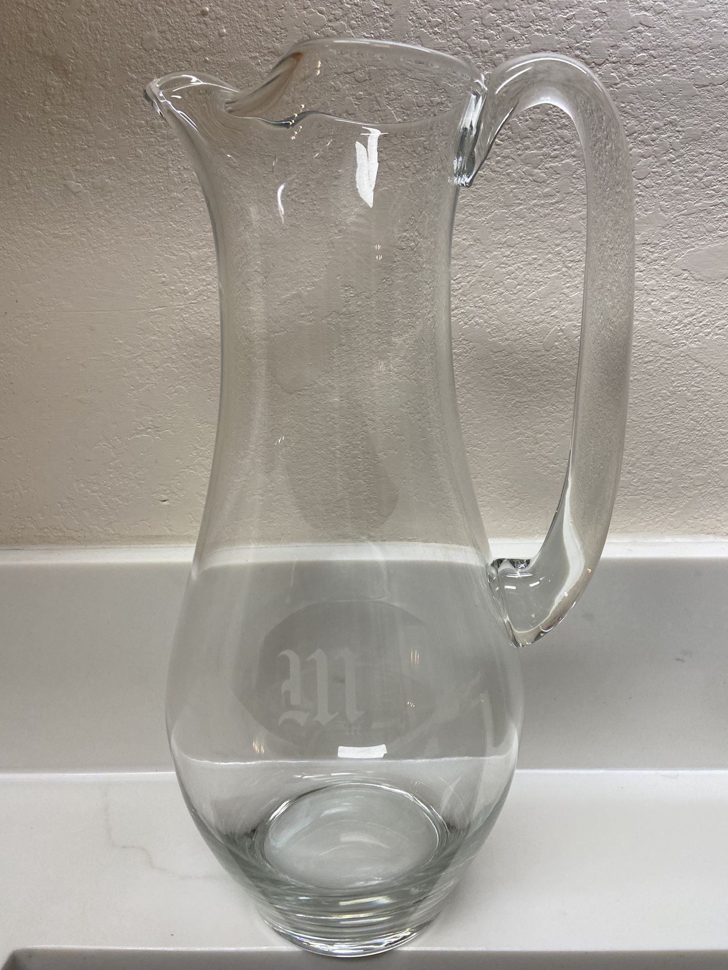 Vintage 12” Large Clear Glass Pitcher Carafe “M” Etching