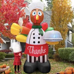 8 FT Thanksgiving Turkey Inflatable Decoration Large Indoor Outdoor Decor with 8 LED Lights Blow Up Animal Train for Farm Yard Patio Lawn Garden Holid