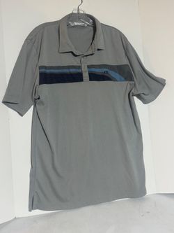 Travis Mathew L performance golf polo gray w/blue stripes