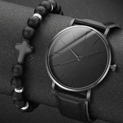 Black Goth analogue watch with black beaded bracelet set Punk Emo Boho Grunge  Style, Round Face with Faux Leather Strap, Alloy Case , Watches Jewelry