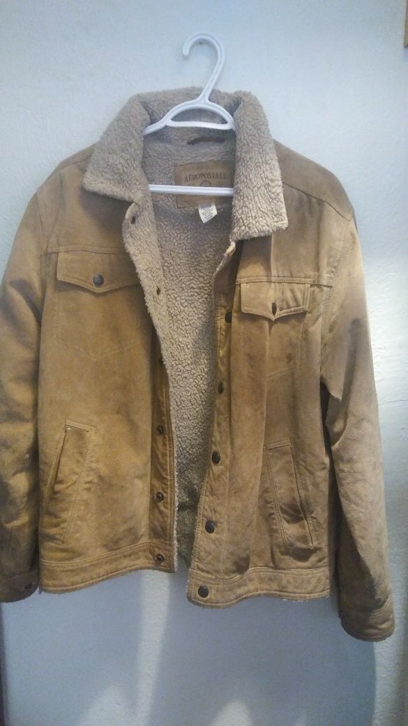 aéropostale Men M Tan Fleece Line Suede Jacket Leather Marlboro Trucker Coat 235
