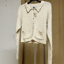 Light Beige Ribbed Knit Collared Cardigan Sweater
