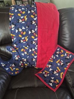 Hand made Baby blanket, bib and burp cloth, Approx 31 in X 37 in