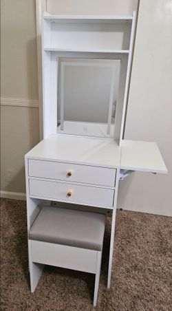 Compact White Makeup Vanity Set with LED Mirror & Stool