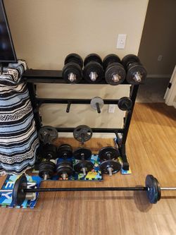 Adjustable Dumbbells, Weights, Weight Rack and bar. Over 260 lbs of weight plates.