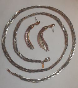 Braided Tri-colour Vermeil Italian Necklace and Earrings c1980-90 