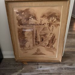 Vintage 1950s Art Lore Framed Sepia Architectural Print – “Le Grande Escalier” – By Simpson – Large Statement Piece