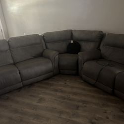 Sectional Grey Leather Reclining 