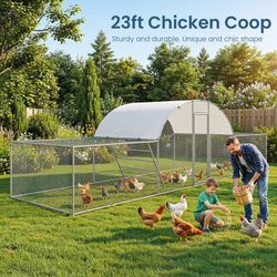 23ft Chicken Coop, Dome-roof Poultry Pen, Large Metal Hen Run Enclosure, Walk-in Galvanized Duck Rabbit Cage House, W/chicken Ladder And Resistant To 