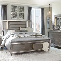 Tamsin Silver/Gray Metallic LED Upholstered Storage Platform Bedroom Set