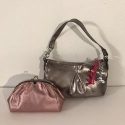 Victorias Secret Silver Handbag Purse & Metallic Pink Kiss Lock Clutch Bag Combo