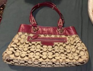 Coach Signature Handbag with Pink Leather Trim