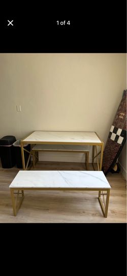 White and Gold Table w 2 Benches