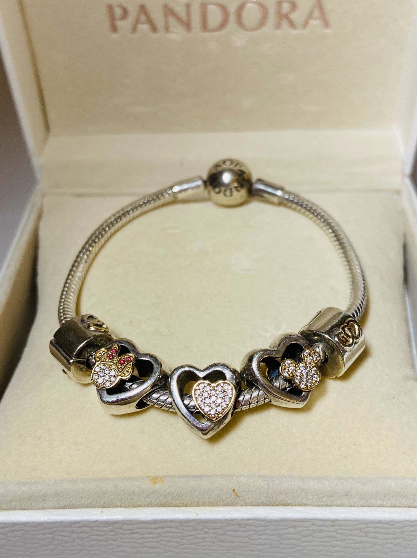 Pandora Bracelet 17 cm - Limited Edition - Mickey and Minnie Charms - Diamonds,Silver and Gold