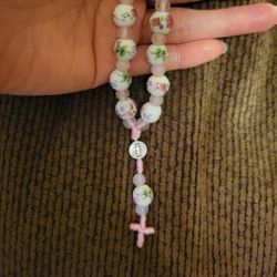 Floral Beads & Natural Rose Quartz Gemstone Saint Benedict Decade Mini Rosary Keychain