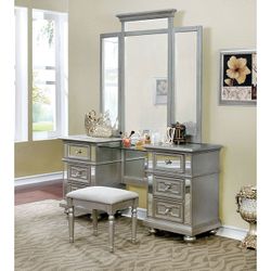Brand New Elegant Silver Vanity + Stool