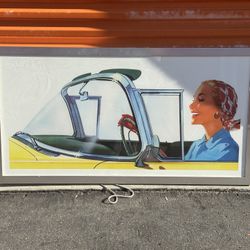 Large Mid-Century Style Automotive Art Print – Retro Woman Driving (51” x 27”)