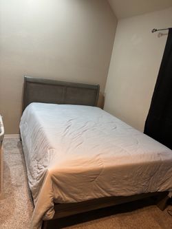 Grey Bed frame with mattress and box full/queen size