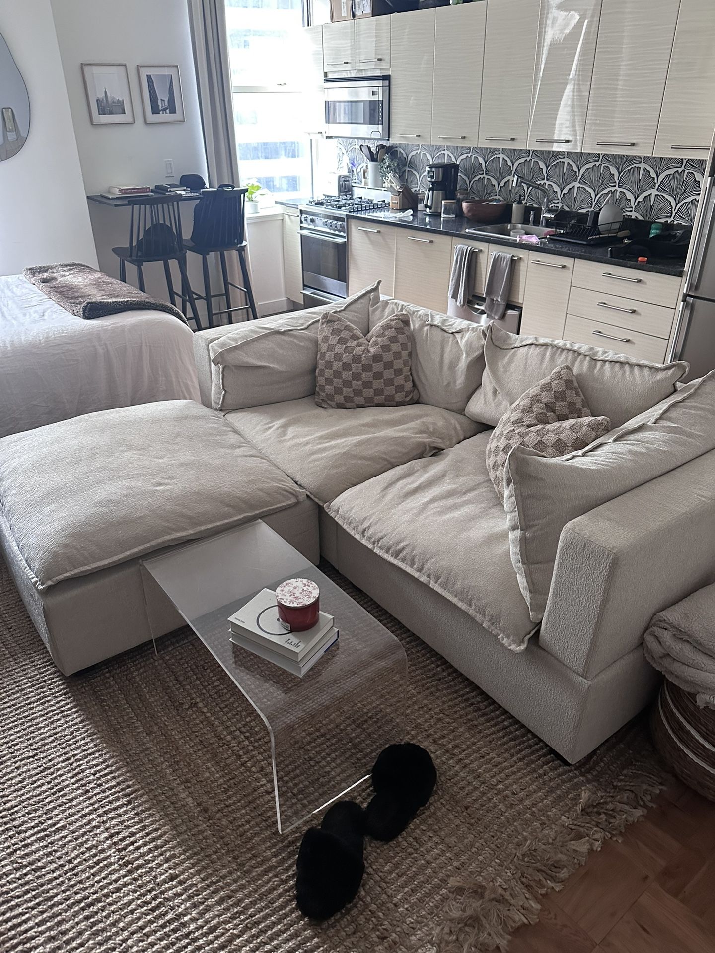 NOV 15 PICK-UP: 86” Beige Pillow Cushion Sofa with Ottoman