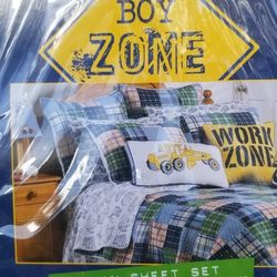 Boy Zone Madras Twin Quilt, Sheets, Pillow Sham And Truck Throw Pillows