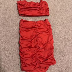 New Xs red ruched stretchy 2 piece dress skirts crop top festival outfit 