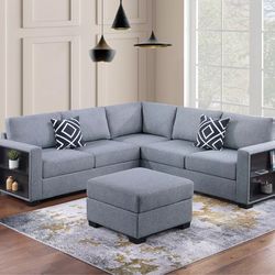 4-Piece Sectional Set W/ Ottoman RAF/LAF One-Arm Loveseat W/ Built-In Shelf + Corner Wedge + Cocktail Ottoman  Color: Gray  ☎️📲📞(213)713-74-89.   Se