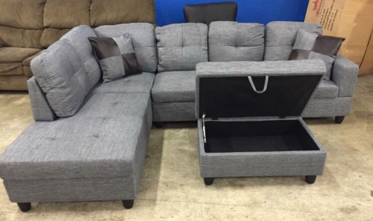 Brand New Grey Linen Sectional Sofa with Storage Ottoman