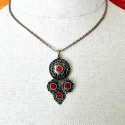 Vintage Tibetan Nepalese coral  Artisan Pendant Necklace