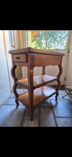 Baker Milling Road French Country walnut tiered accent table with drawer