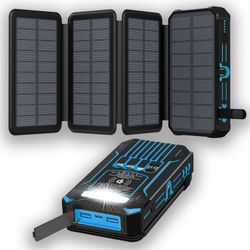 20000 mAh Solar Charger with 4 Multi-Type USB Outputs and 1 Wireless Output, 4 Solar Panels, 3A Fast Charging, Portable Power Bank for Smartphones, Ta