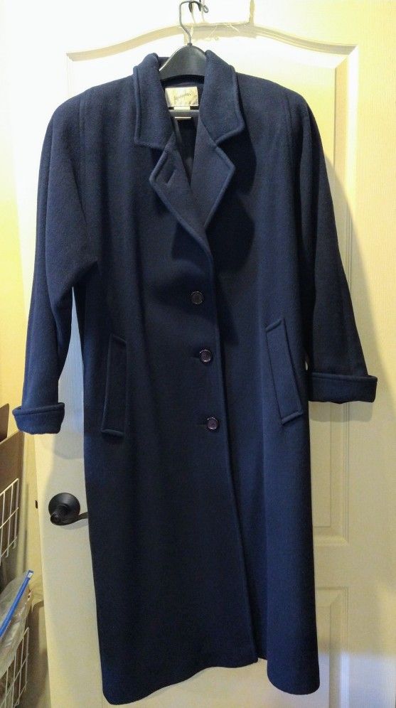 Women's Full Length Navy Blue Wool Coat--Size 12