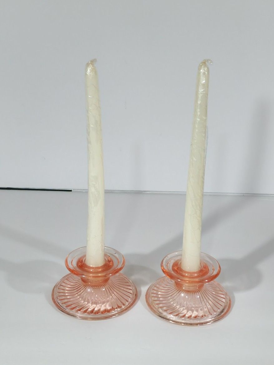 Vintage pink depression glass candle holders