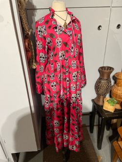 Candy Skull / day of the dead with red roses 🌹 Bright Hot Pink Prairie Cottage Style long Maxi Dress  SizeM/L