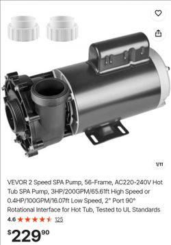 VEVOR 2 Speed SPA Pump, 56-Frame, AC220-240V Hot Tub SPA Pump, 3HP/200GPM/65.61ft High Speed or 0.4HP/100GPM/16.07ft Low Speed, 2" Port 90° Rotational