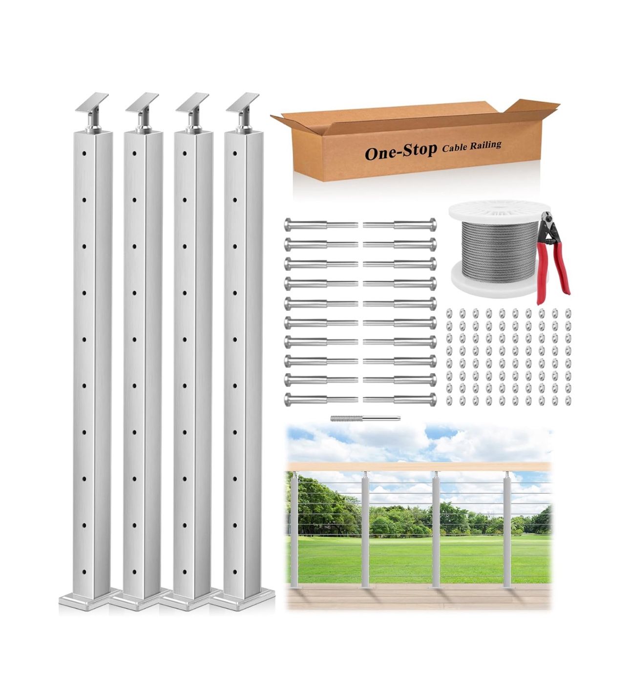 One-Stop Cable Railing Post Kits, 4Pack Brushed Finish Level Drilled Line Post 36", Adjustable Top Cable Railing System Including 4 Railing Posts, 160