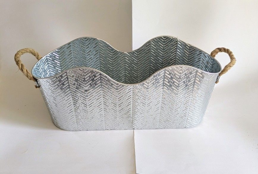 Bucket Unique Shape Silver Metal Rope Handles 21 3/4 L x 8 1/4 W x 9 D